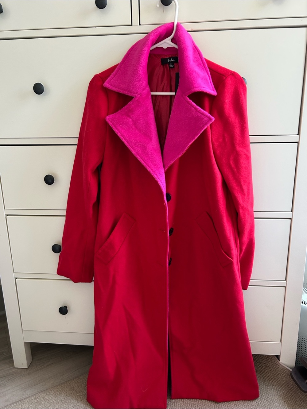 Lulu's Two-Tone Red Coat with Pink Collar